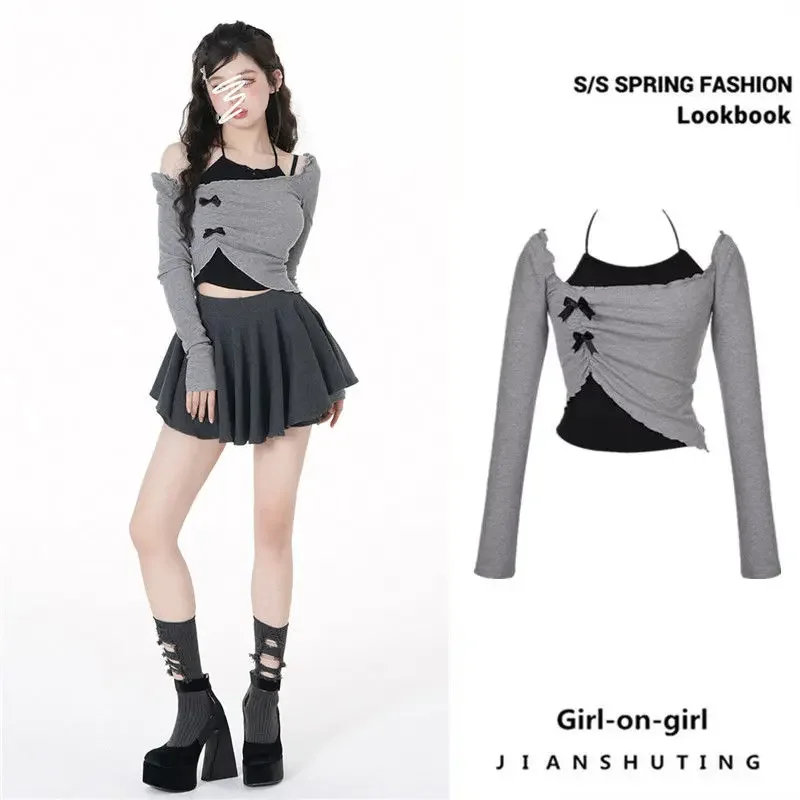 

Y2K Grey Two Piece Set Spicy Girl Top Slim Sexy Hotsweet Women Short Shirt Off Shoulder Long Sleeved T-shirt Hanging Neck Bow