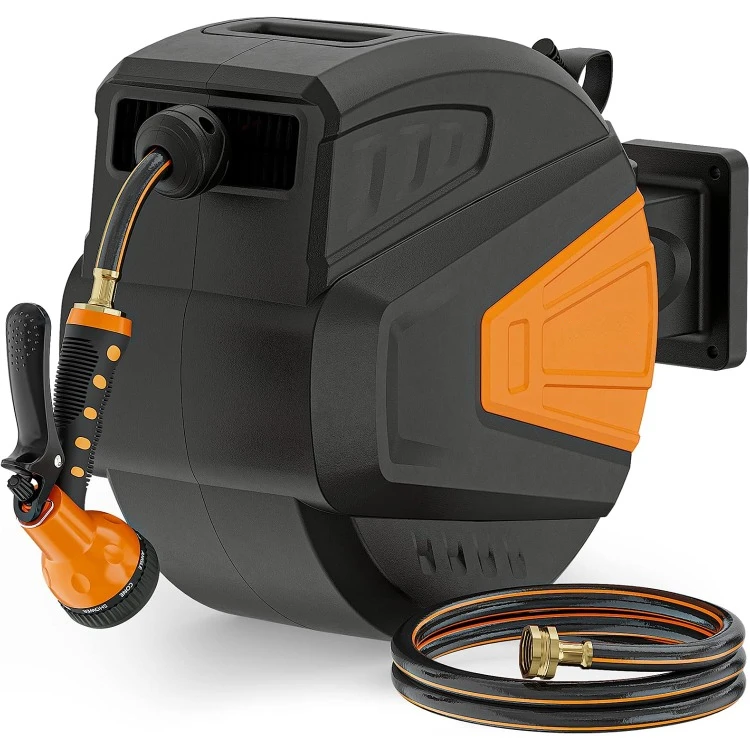 

Retractable Garden Hose Reel,1/2 in x 65 ft Wall Mounted Hose Reel, with 9- Function Sprayer Nozzle, Any Length Lock