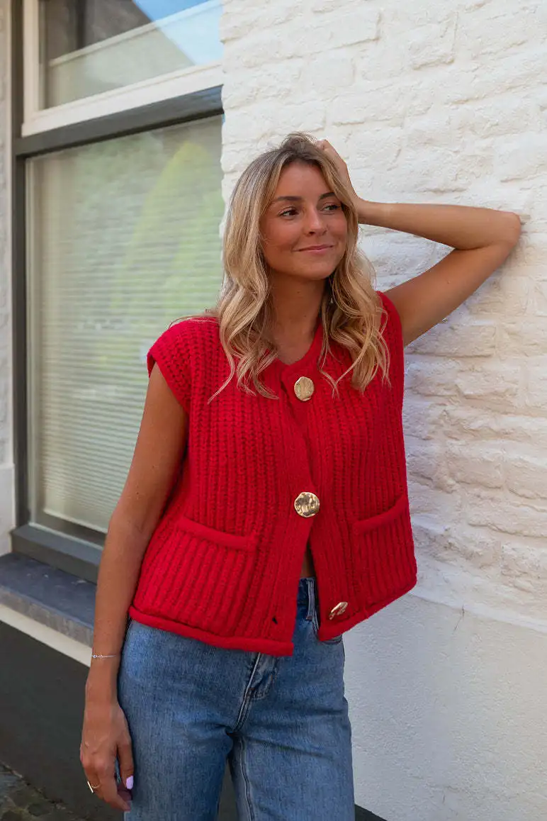 Women's Causal Solid Color Double Pockets Knitted Sweater Vests Woman Golden Button Up Wasitcoat Autumn Thick Knitted Vest Loose