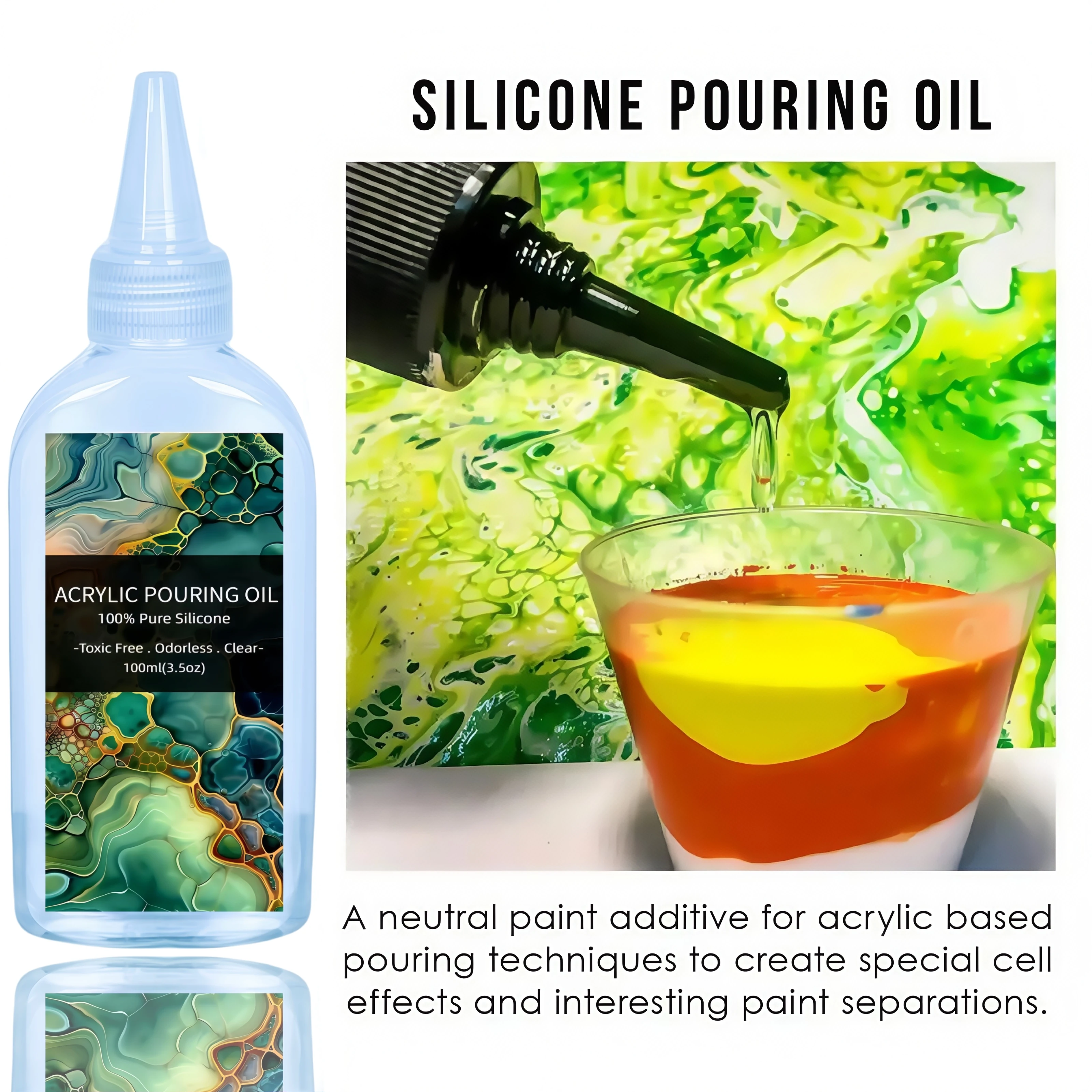 زيت صب السيليكون للفن، منشط الخلايا الدرامية لطلاء الأكريليك متوافق مع جميع ألوان الأكريليك أو المائية