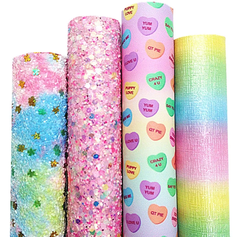 Rainbow Shamrock Chunky Glitter Leather Heart Candies Printed Synthetic Leather Vinyl Leather Sheets For Bows DIY 21x29CM Q708