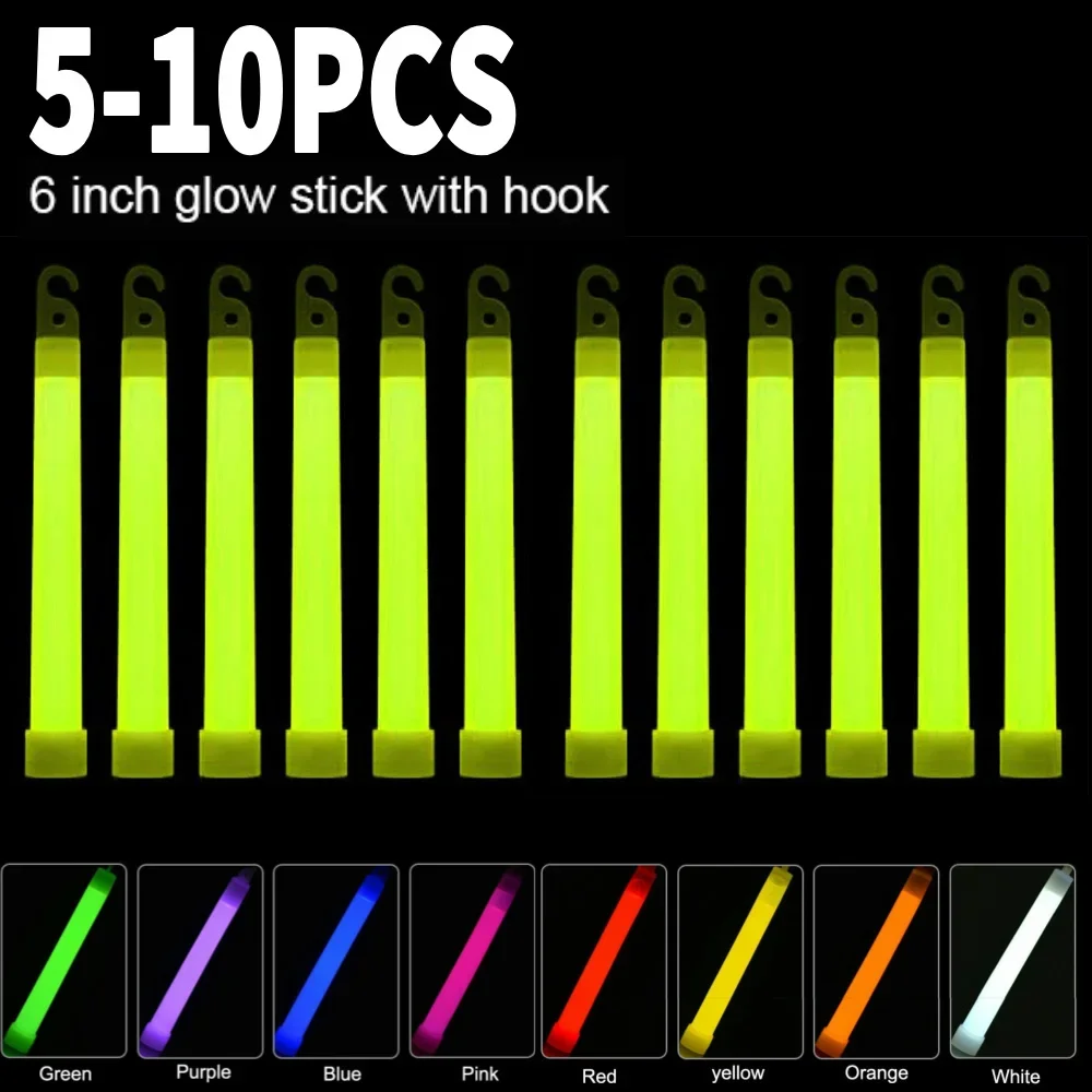 5/10PCS 6 inch Glow Stick with Hook Waterproof Fluorescence Light for Hiking Camping Outdoor Emergency Concert Party Light Stick