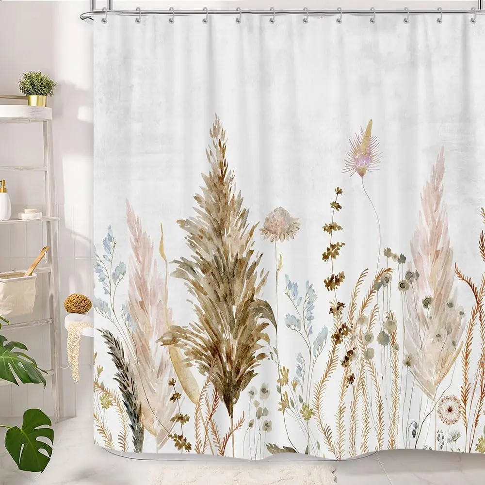 Rustic Boho Leaves Shower Curtain, Watercolor Chic Tan Cream Pampas Grass Boho Farmhouse Floral Shower Curtain with Hooks