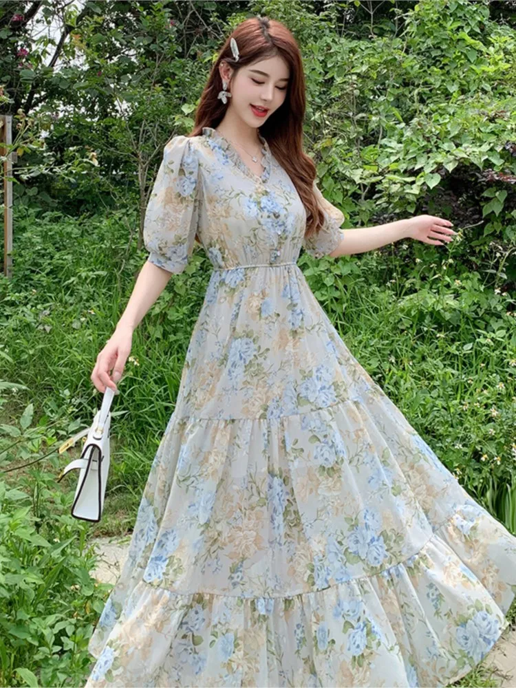 

Floral Print Midi Dress Women Summer Vintage Short Sleeve Slim High Waist Vestidos Elegant Fashion One Piece Evening Party Robe