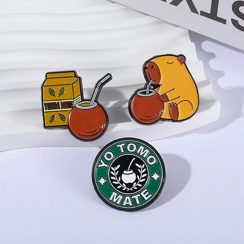 Cartoon Cute Capybara Drinking Yerba Mate Enamel Pins Custom YO TOMO MATE Roubd Brooches Lapel Badge Jewelry Gifts for Friends