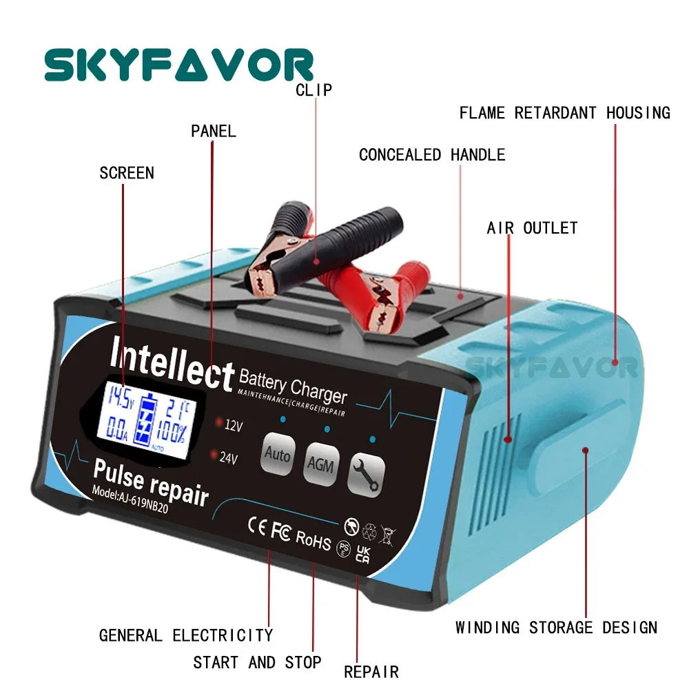 Universal 12V 24V Battery Charger 12V 24V 11A Smart Automatic Fast Lead Acid EFB GEL AGM Heavy Duty Truck Car Battery Charger