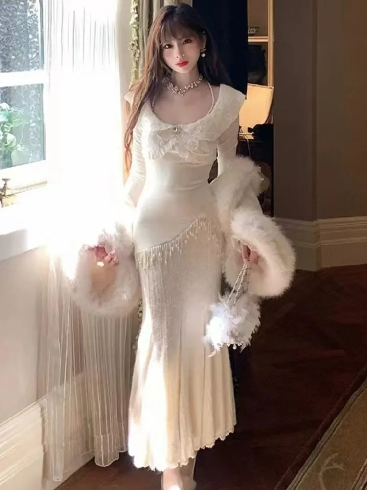 Women Autumn Spring Elegant Lace Mermaid Dres Slim Waist Vestidos Vintage Chic Evening Party Robe New