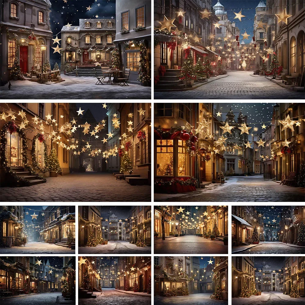 Christmas Street Backdrop Photography Winter Snow Golden Star Lights House Outdoor Kids Portrait Photo Background Props