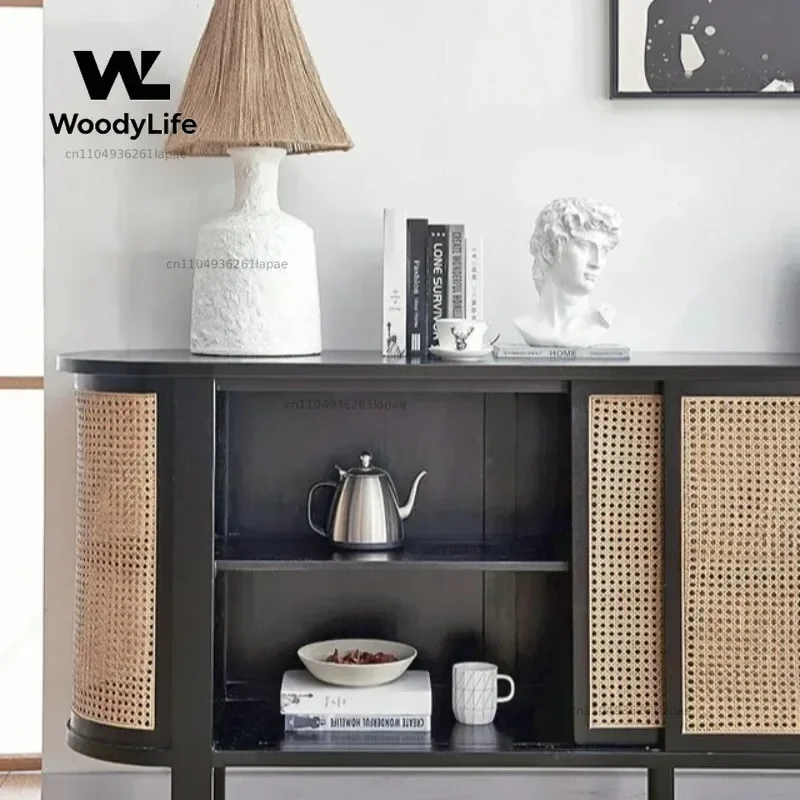 Side Cabinet Solid Wood Black Tableware B & B Household Vine Log Tea Chest