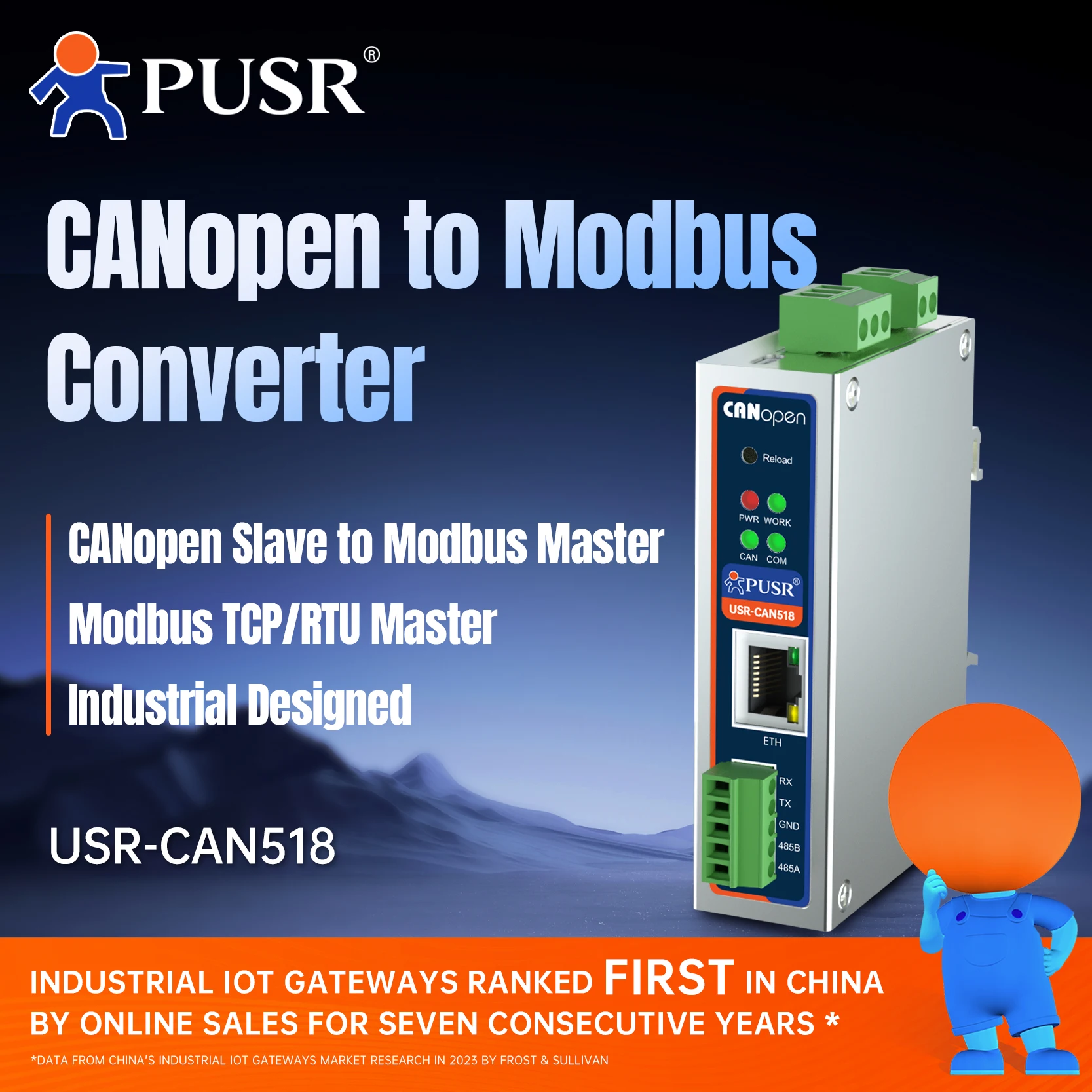 PUSR CANopen Slave to Modbus Master for PLC Modbus RTU/TCP Gateway CAN to RS485/RS232 Ethernet Converter PUSR-CAN518
