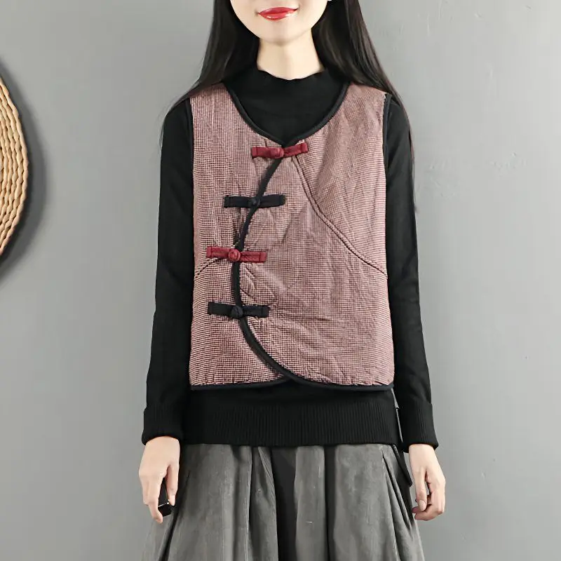 

Женский винтажный костюм Тан в сетку, жилеты 2026, новинка весны и осени, куртка без рукавов, хлопковое пальто, теплая одежда, женские жилеты Cheongsam