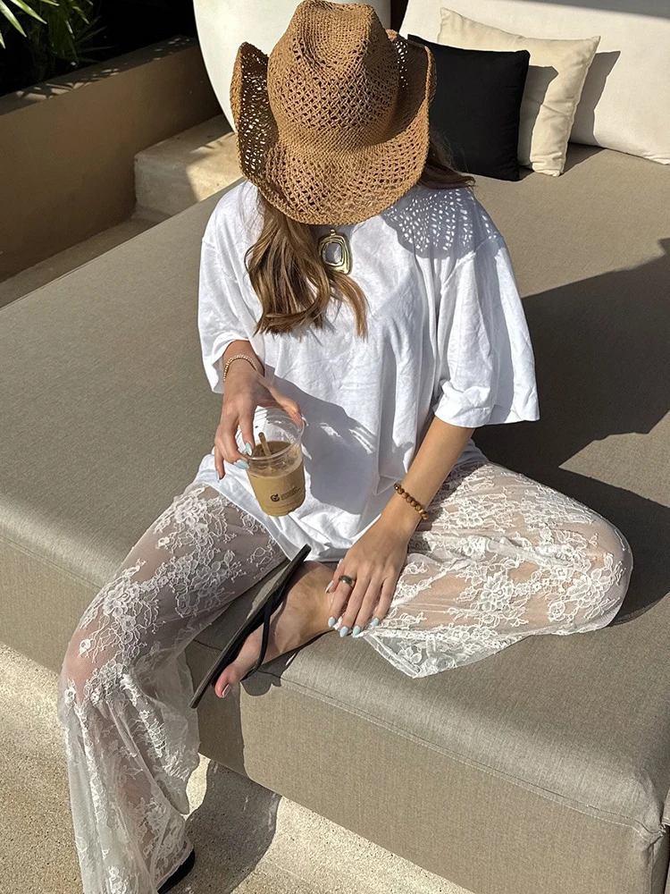 Oniflyme Sexy Lace See Through Wide Leg Pants Women Fashion Floral High Waist Loose Trousers Streetwear Vacation Party Bottoms