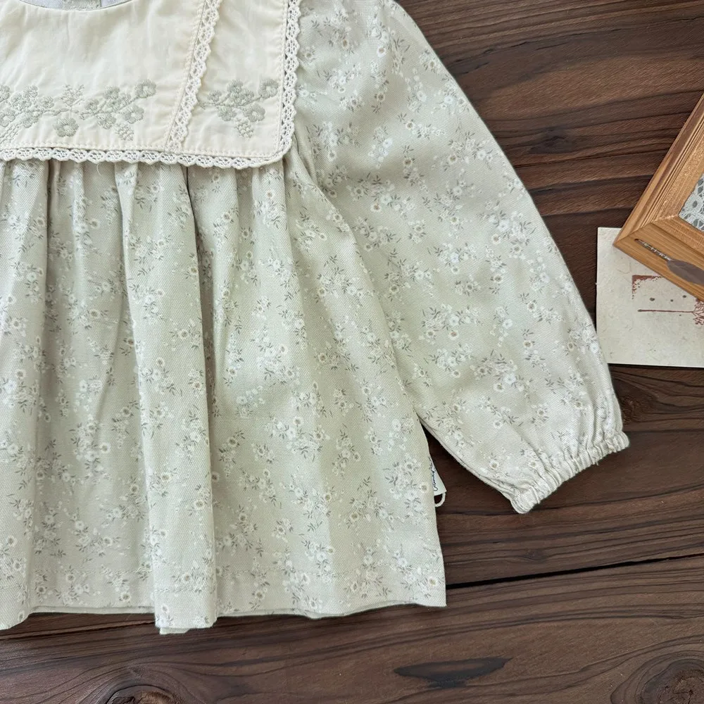 تي شيرت خريفي بأكمام طويلة مطبوع للأطفال البنات ملابس أطفال بياقة كبيرة وأوراق خضراء مطرزة للفتيات