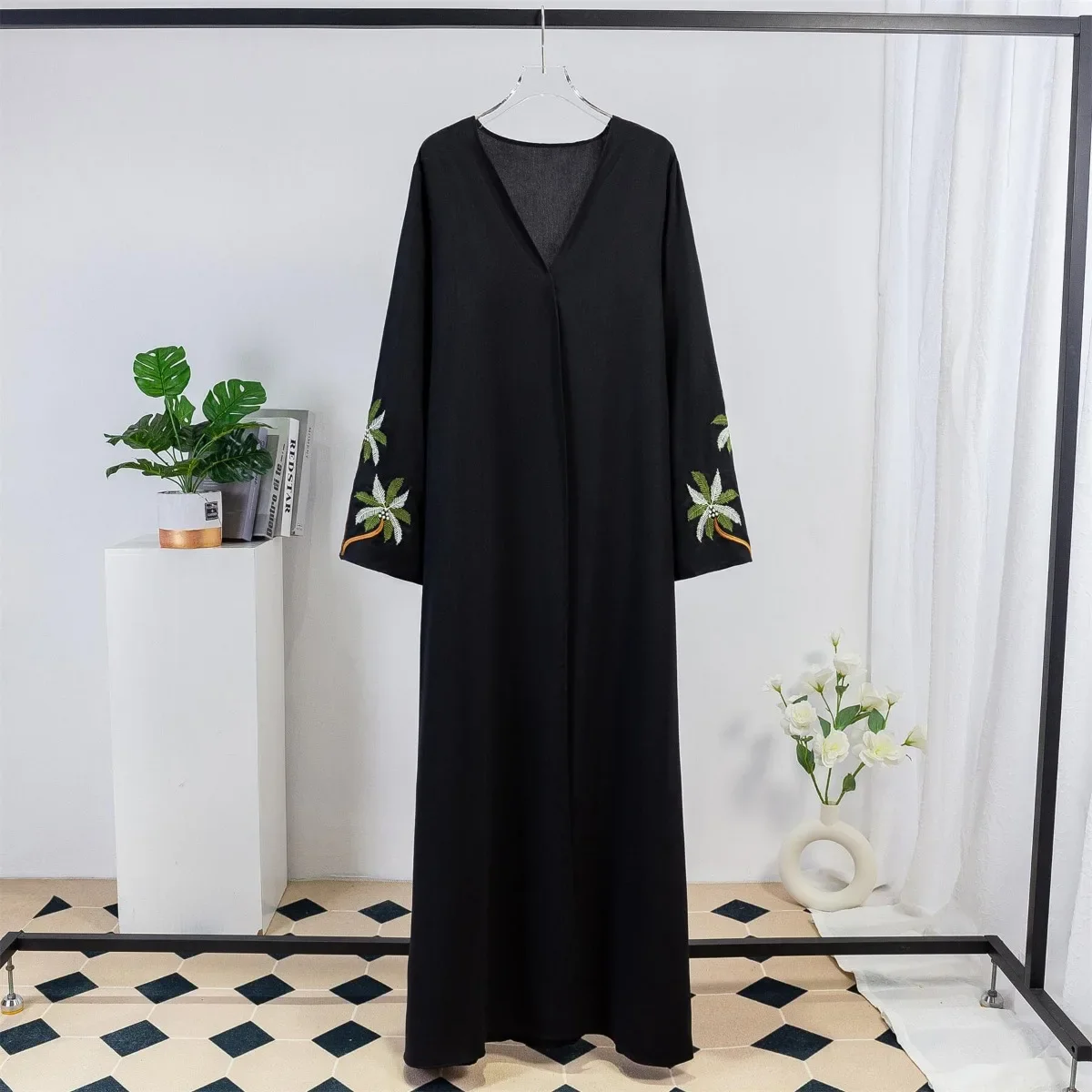 Embroidery Floral Open Front Abaya Muslim Long Sleeve Maxi Length Dresses Islamic Clothing Women Abayas Muslim Kaftans Jilbabs