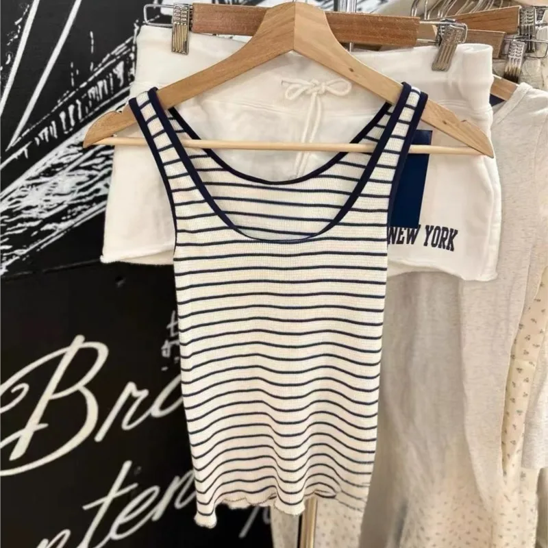 New Waffle Navy Blue And White Striped Fringed Camisole Vest For Women Slim Y2K Top Fashion U-neck Sleeveless Tight Summer Tank