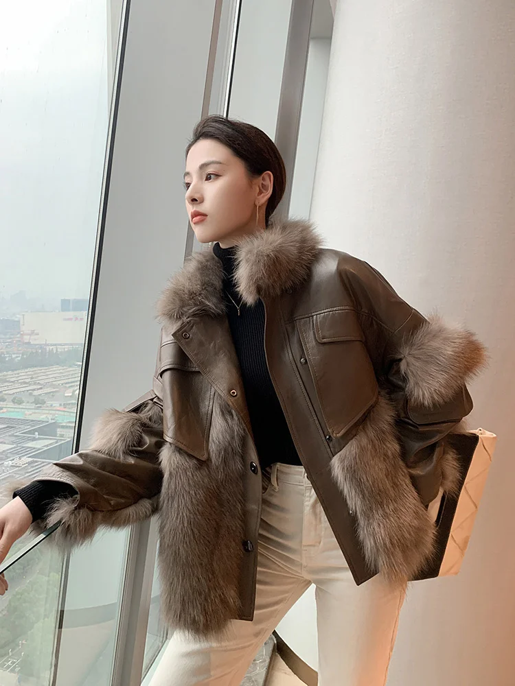 Coat Women Real Fur Autumn Winter Vintage Thicken Fox Fur Stand Collar Down Cotton Liner Splicing Sheepskin Jacket Fur Outerwear