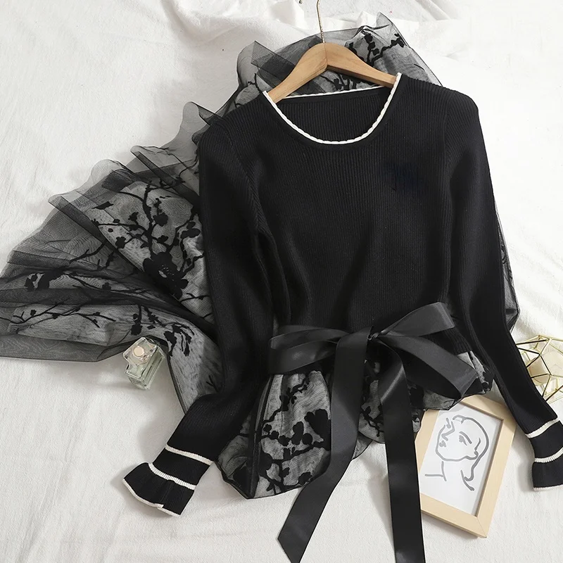 

Spring Autumn Mesh Embroidery Patchwork Knitting Dress Women O Neck Long Sleeve Bandage Vintage Dresses Elegant Evening Party