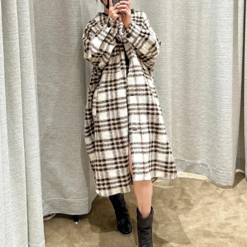 

Vintage Long Sleeve Plaid Tweed Coats for Women Casual Lapel Oversize Winter Coat 2022 Office Wear Loose Long Wool Outwears