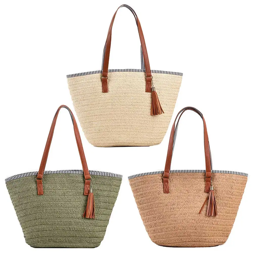 Borlas de corda de papel para senhoras, bolsa de alça superior, bolsa tecida, moda casual, simples, portátil, elegante, feriado à beira-mar, artesanal, verão