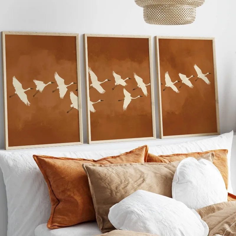 3pcs frameless Canvas Painting Japandi Crane Triptych: Earth Tone Bird Prints, Minimalist Wall Art Home Decor Frameless Canvas A