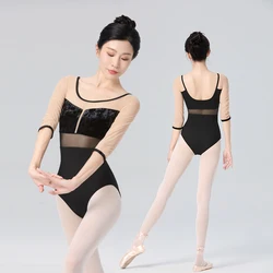 Ballet Leotards for Women Adult Half Sleeve Dance Bodysuits Nylon Mesh Velvet Splice Aerialist Yoga Bodysuits Gymnastics Leotard