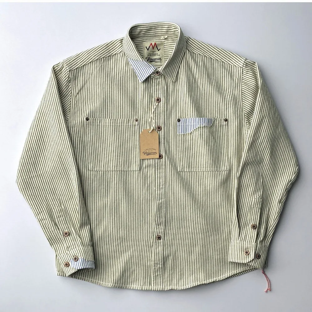 Men Vintage Vertical Striped Long Sleeve Shirts 100% Cotton Button Down Collar Shirts Loose Chest Pocket Casual Workwear Tops