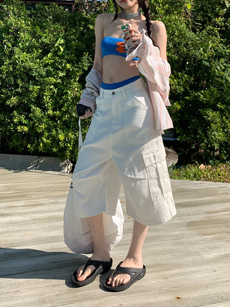 

NUOMICI K-Fashion Street White Work Jeans 5-point Pants Women's Summer Sweet Cool Style Multi-pocket Loose Casual Straight Pants