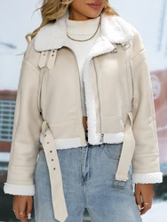 Ailegogo Autumn Winter Women Warm Spliced Faux Lamb Fur Jacket Vintage Female Zipper Belt Coat Outwear