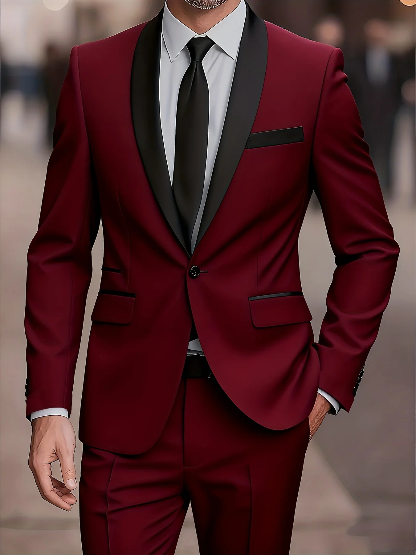 Men'S 2pcs Collar-And-Neckline, Single-Button, Slim-Fitting Solid-Color Jacket And Pants Set, Suitable for Men'S Dance Parties