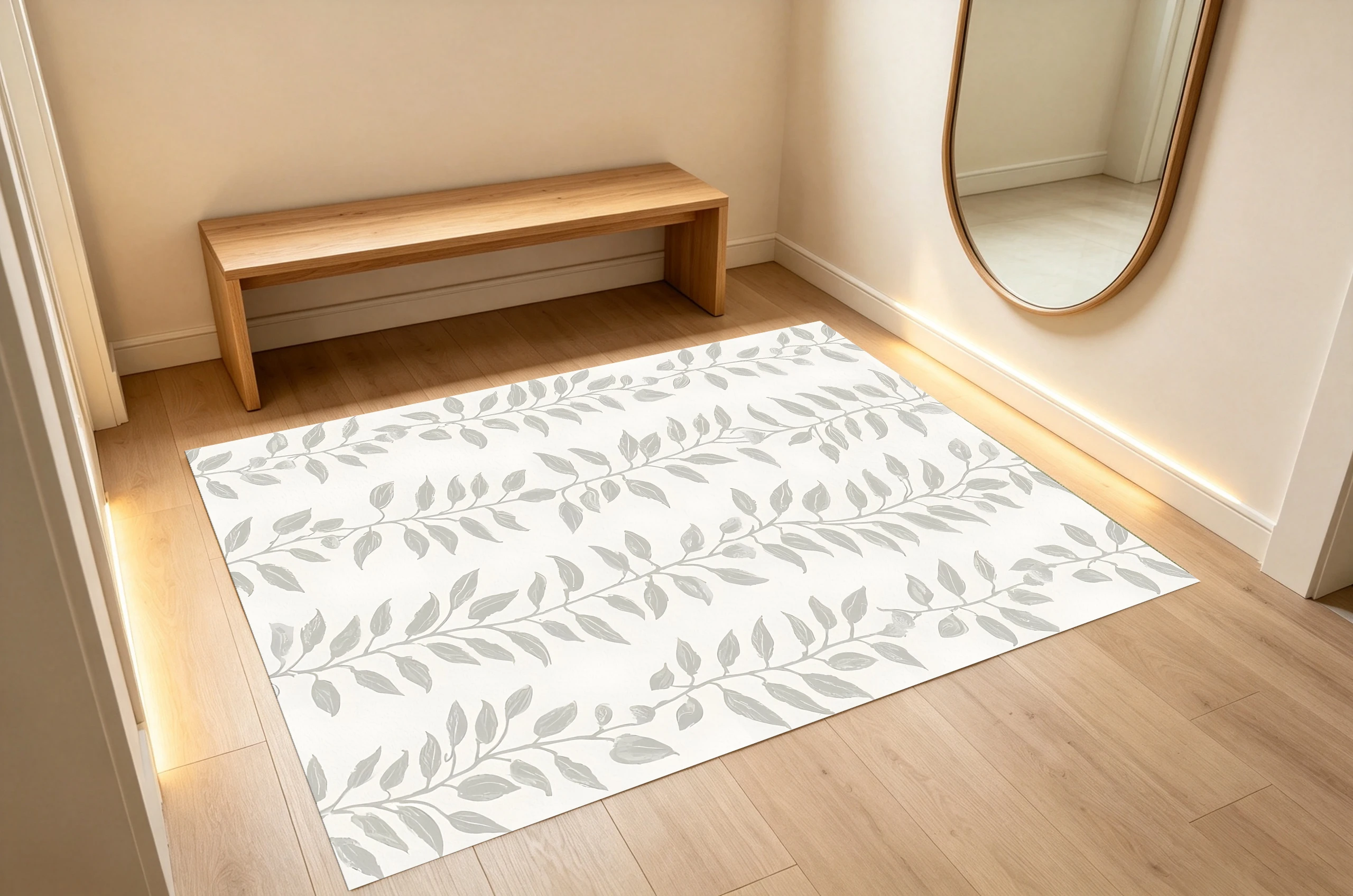 2D Off-White & Light Gray Leaf Minimalist Rug, Skin-Friendly & Soft, for Living Room & Bedroom, Enhancing the Space