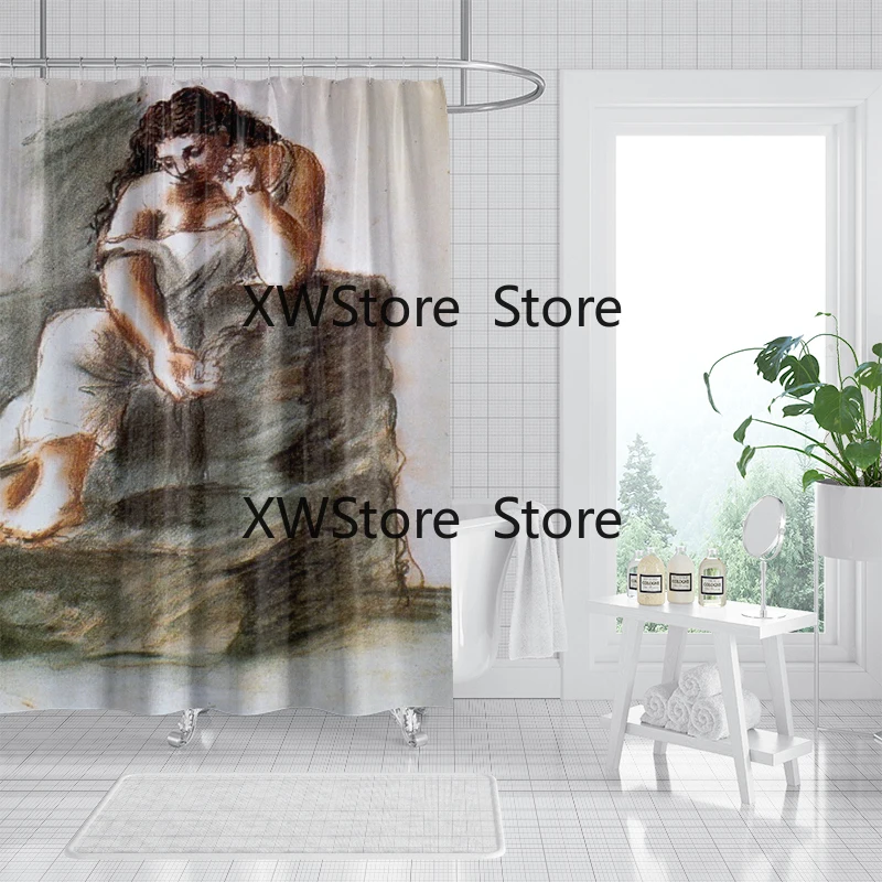 

Изысканный эскиз занавески для душа с характерными рисунками людей для украшения ванной комнаты