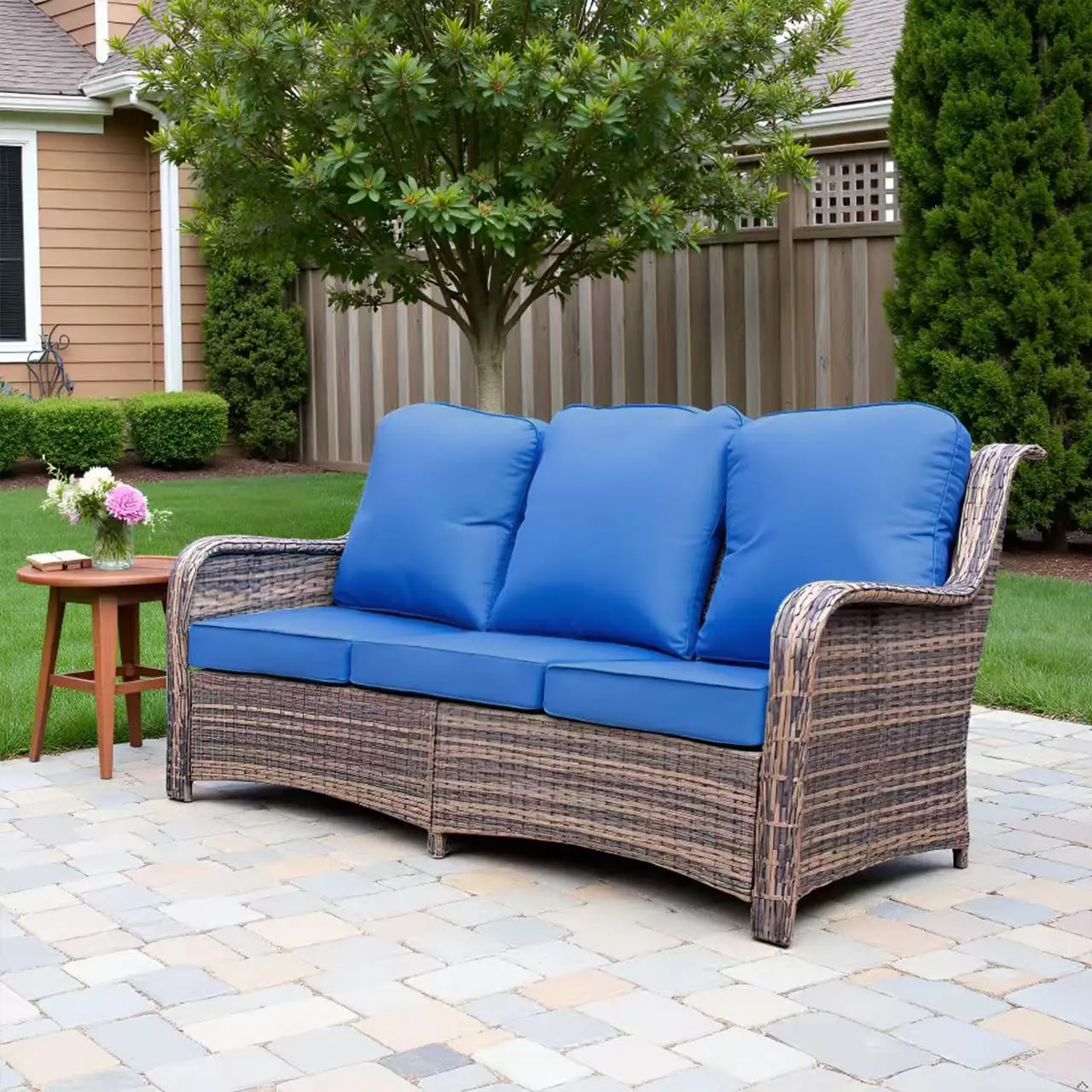 Outdoor Patio Wicker Sofa 3-Seater with Wide Armrests Comfortable Garden Couch for Entertaining And Relaxing(Blue)