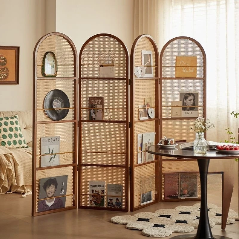 

Nordic style rattan screen partition art shelf electroplated wood movable extension living room space