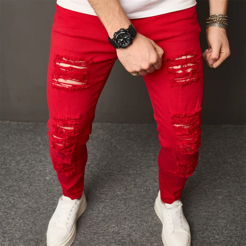 High Street Men HipHop Holes Skinny Stretch Jeans Trousers Stylish Male Distressed Slim Denim Pencil Pants