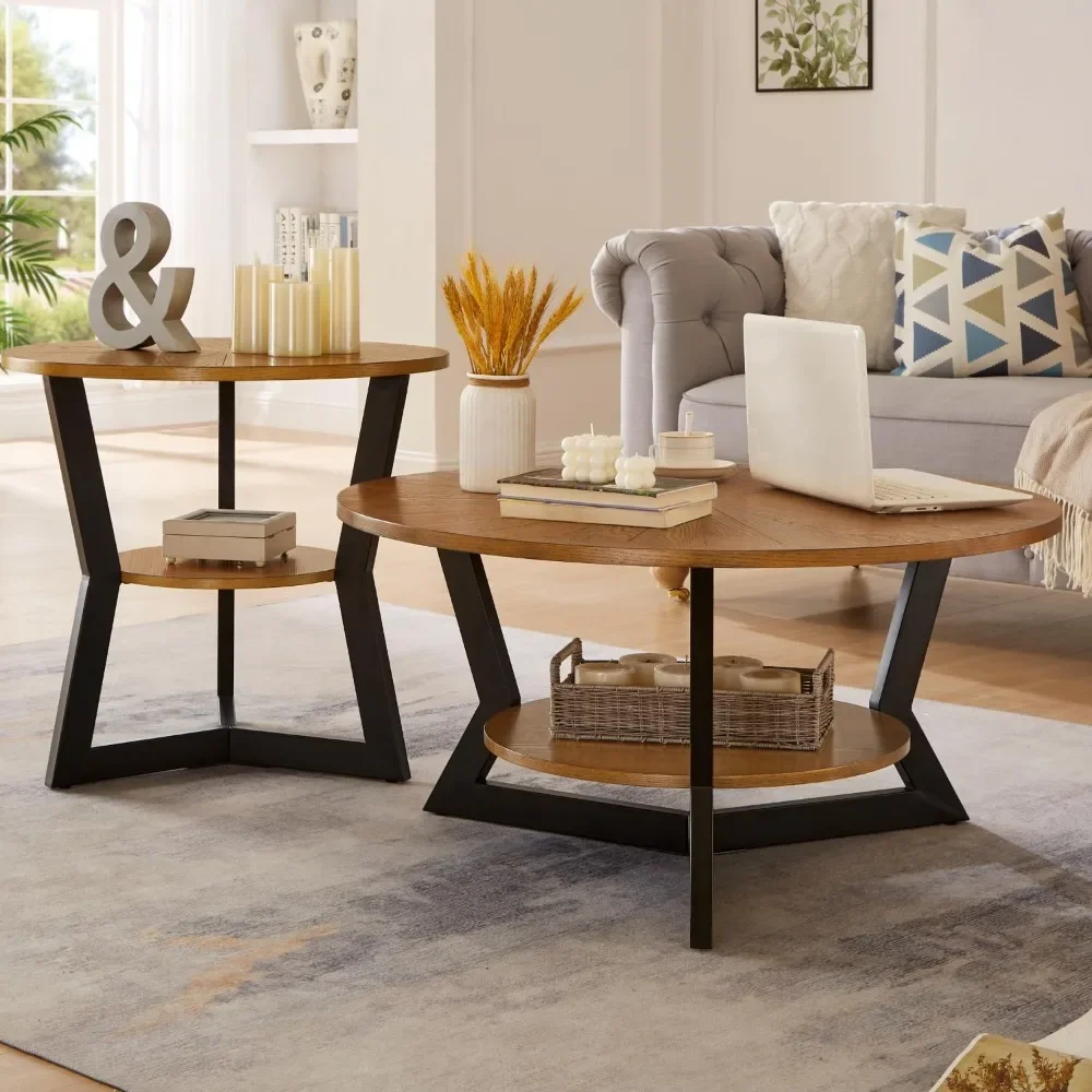 

Coffee Table, Round Wood Coffee Tables for Living Room with 2-Tier Table Top with Storage Rack, Leg Triangle Support Design