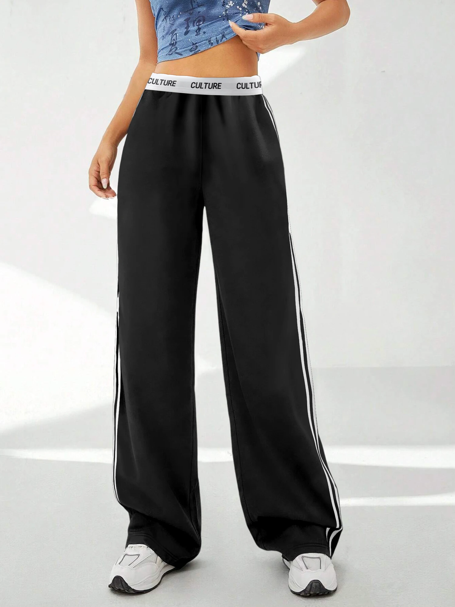 Women's "CULTURE" Waistband Pants - Side Stripes Wide Leg Casual Trousers