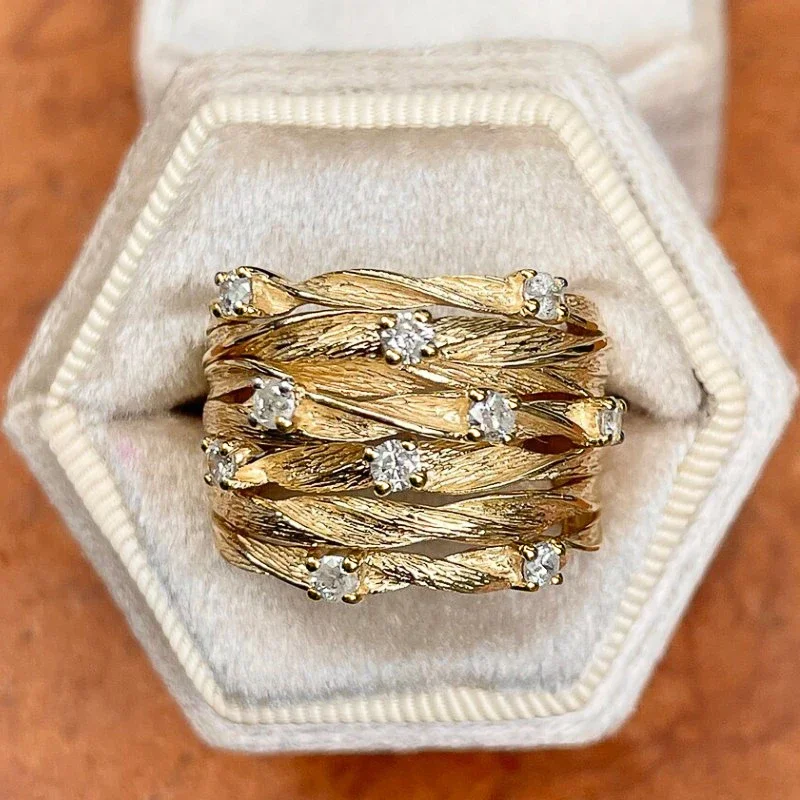 2024 New Bird\'s Nest Diamond Ring with Gold Luxury Twisted Design and Cocktail Fashion Women\'s Accessories Party Jewelry
