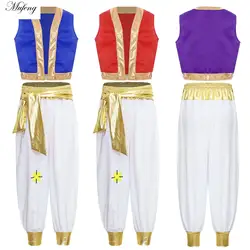 #6-16Y Mythical Aladinse Cosplay Outfits Arabian Prince Kings Costume Halloween Roleplay Outfit Trim Waistcoat with Belted Pants
