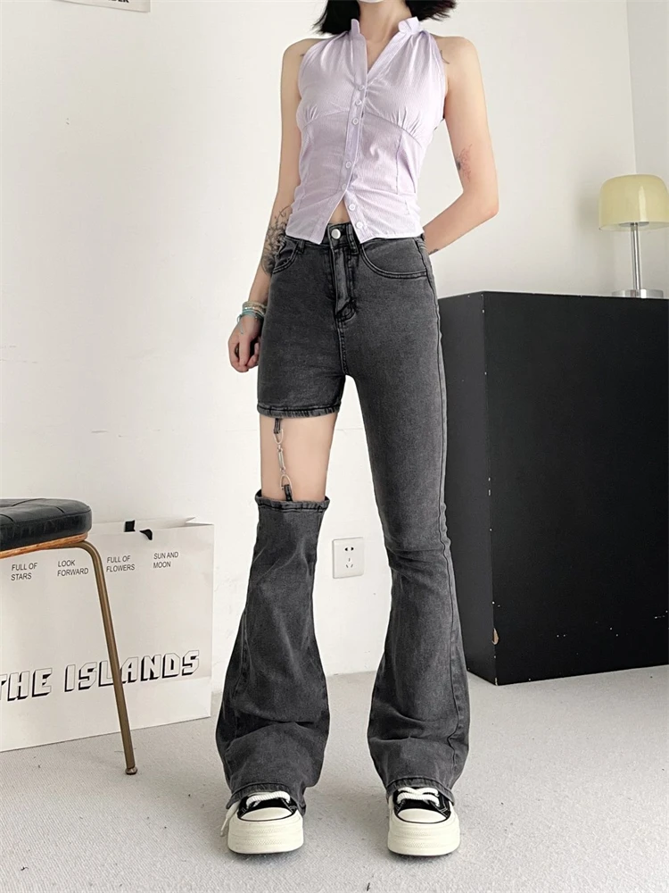 

Women's Disassembly Design Micro Flared Jeans Summer Skinny Denim Trousers Young Girl Street Bottoms Female High Waisted Pants