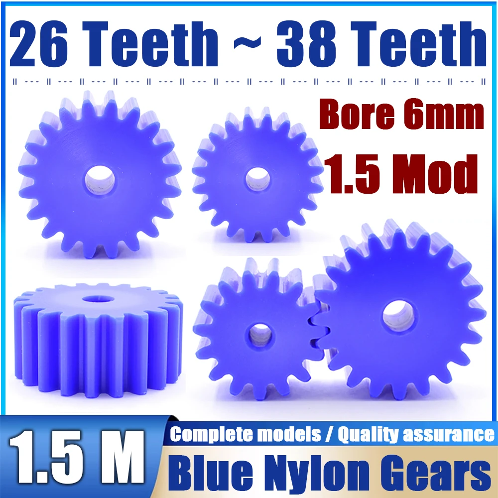 26 Teeth to 38 Teeth 1.5 Modulus Blue Nylon Spur Gear 26 27 28 30 32 33 34 35 36 38 Teeth 6mm Bore Flat Cylindrical Drive Gears