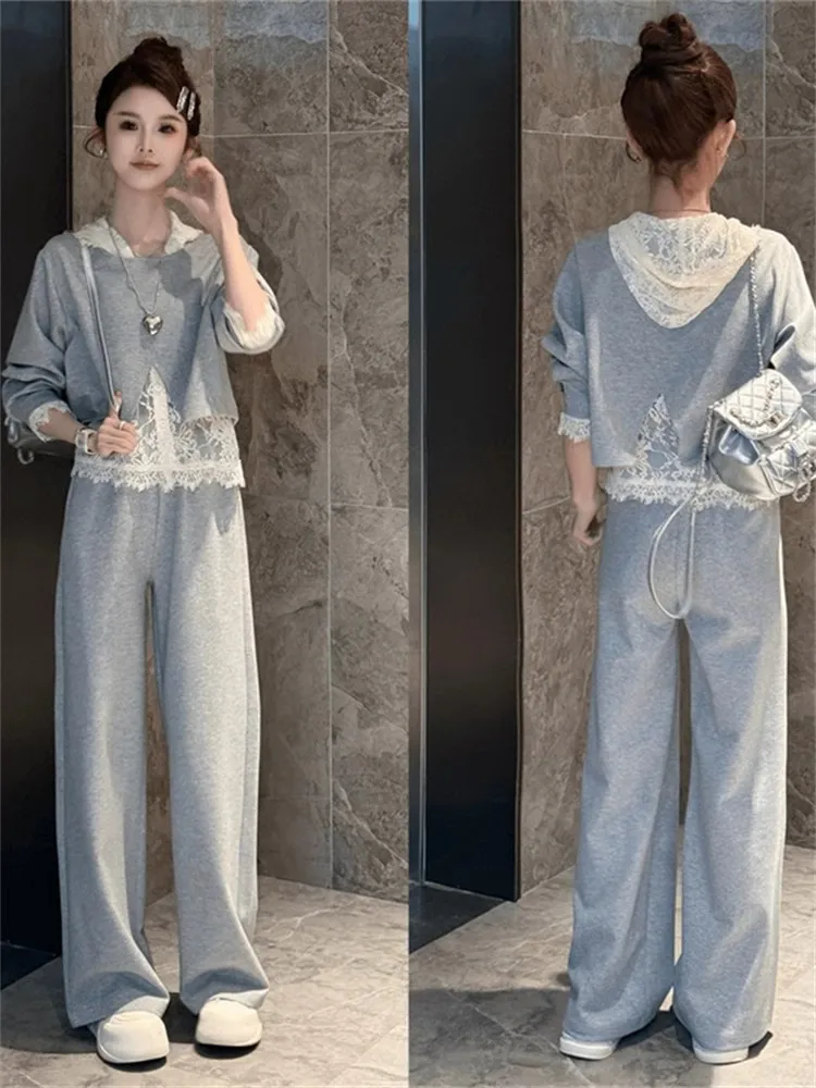 

Корейский повседневный стиль: женский комплект с кружевными вставками и шляпой, брюки прямого кроя, модный ансамбль, весна 2025, новинка