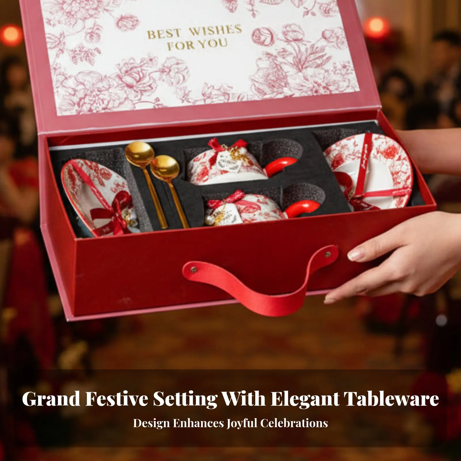 

Chinese Wedding Tableware Set, Red Ceramic Dinnerware, Floral Pattern, Gift Box, Festive Design