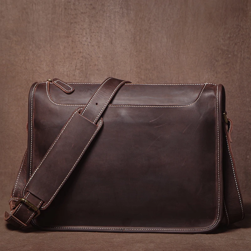 GURO Vintage Original Crazy Horse Cowhide Shoulder Bag Men Genuine Leather Crossbody Bag Business Briefcase Luxury Messenger Bag