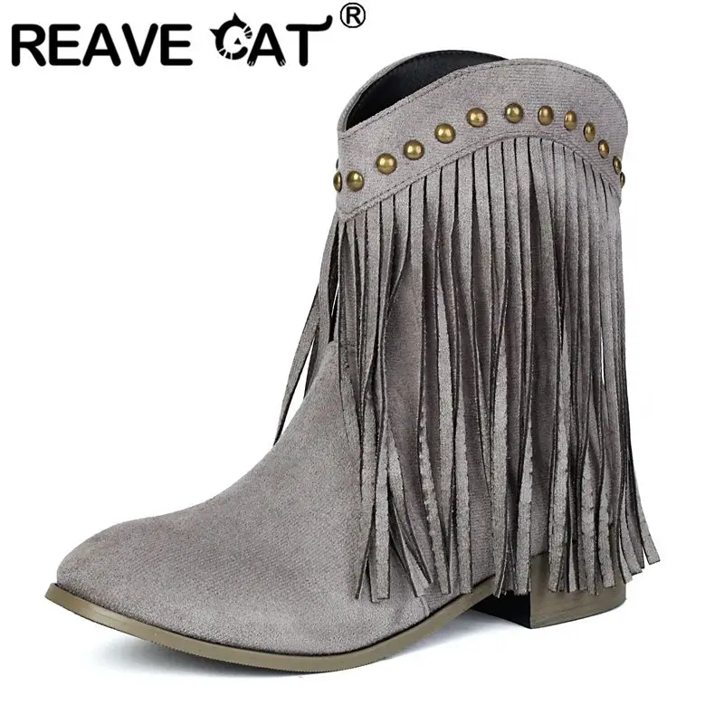 

REAVE CAT Sale Flock Suede Women Mid Calf Boots Round Toe 3cm Thick Heels Slip On Rivets Tassels Daily Autumn Plus Sizes 45-47