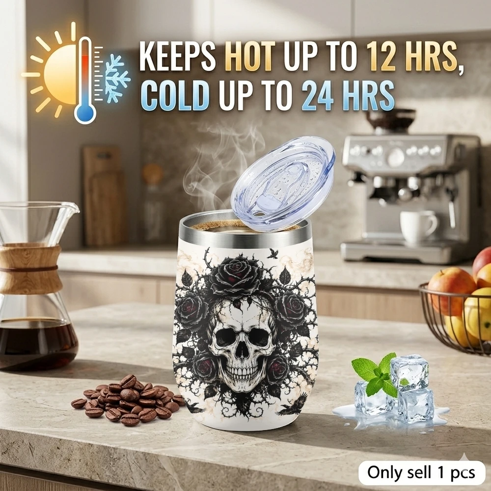 Gothic Skull Rose Ravens Vacuum Flasks 12oz Eggshell Cup With Lid, Portable Coffee Cup For Travel Office Mug