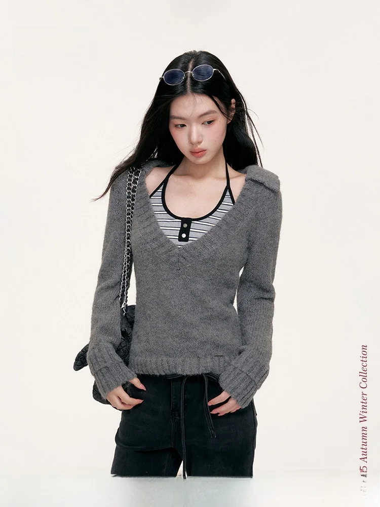 

Liilou Mixed Wool V-Ne Sweater Double Layer Cuff Fake Two-Piece Knitwear Commute Sle Regular Sve Long Polyester Nylon