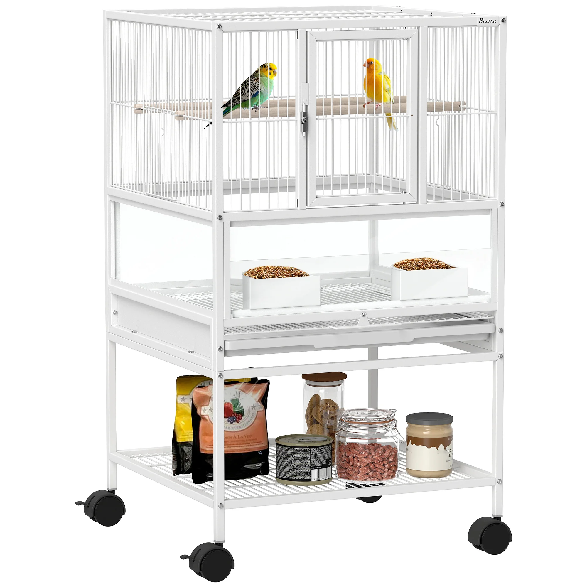 PawHut Jaula para Pájaros con Paneles Acrílicos Comederos Soporte Ruedas y Estante Inferior 48x46x83 cm