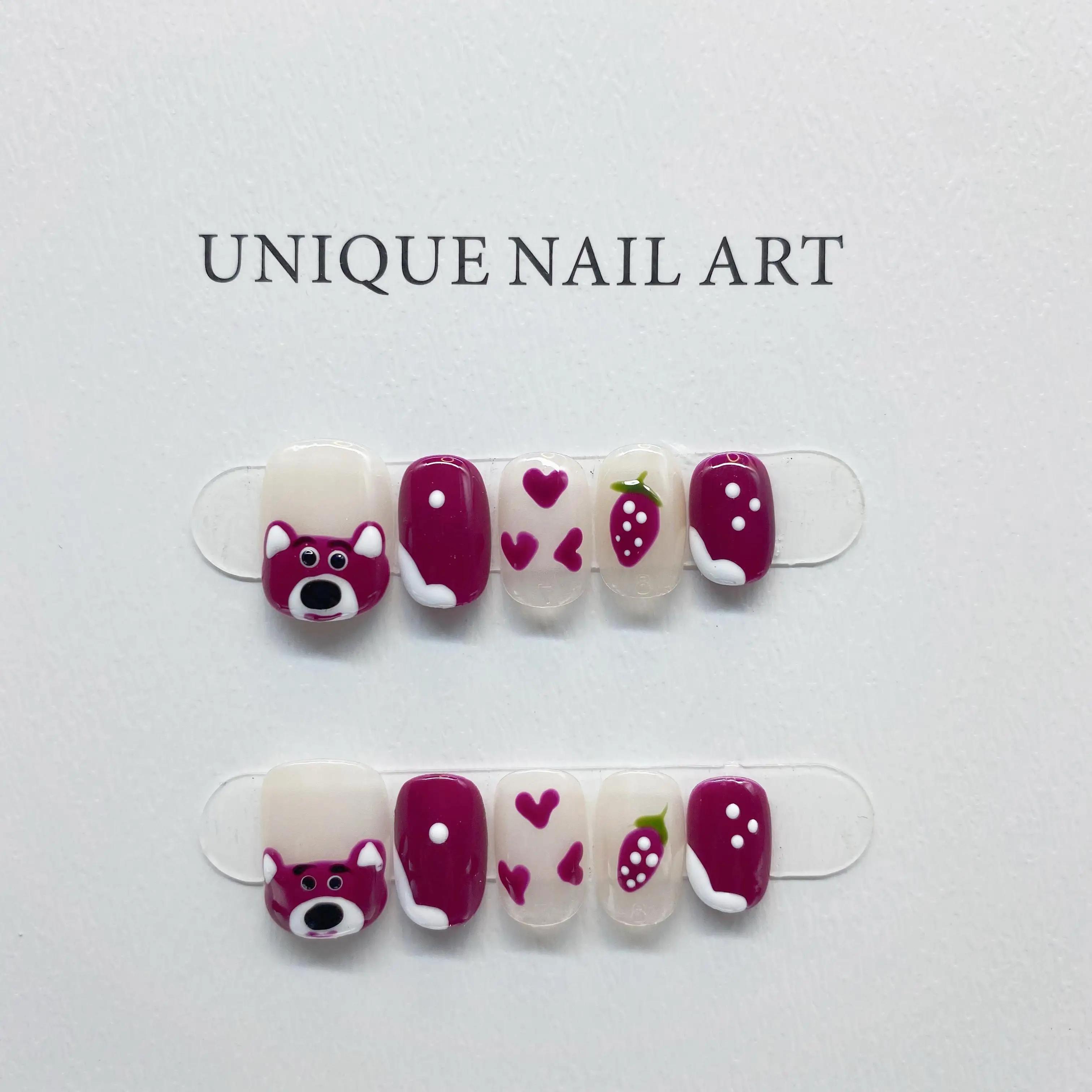 Cute Cartoon Hand-Painted Raspberry Bear Detachable High-Quality Reusable Elegant White Press On Nails.No.D071