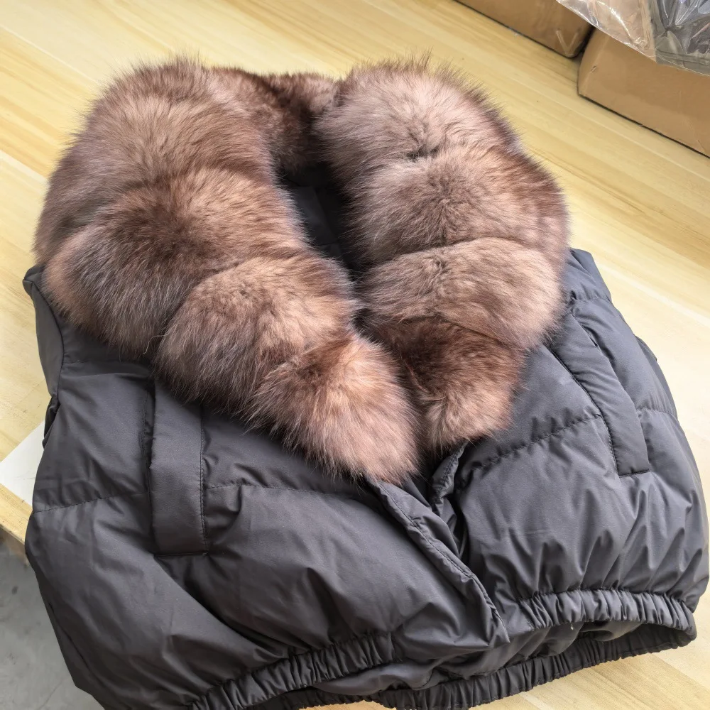 Jaket Parka Pendek CXFS Musim Dingin Baru, Bulu Rubah Alami Tebal dan Lembut, Mantel Puffer Wanita Kancing Hangat Isi Bulu Angsa Putih 90%, Tahan Air