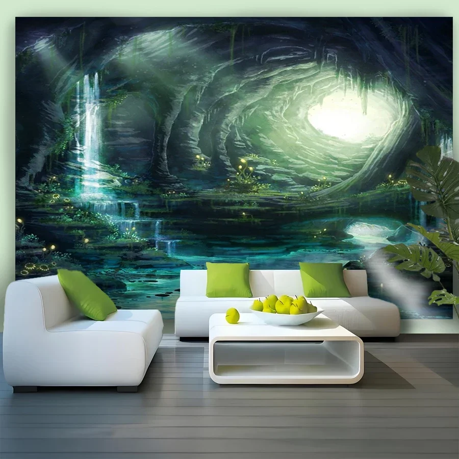 Vibrant Fantasy Waterfall Cave Mural Wall Tapestry Waterproof Indoor Decoration for Living Room Bedroom